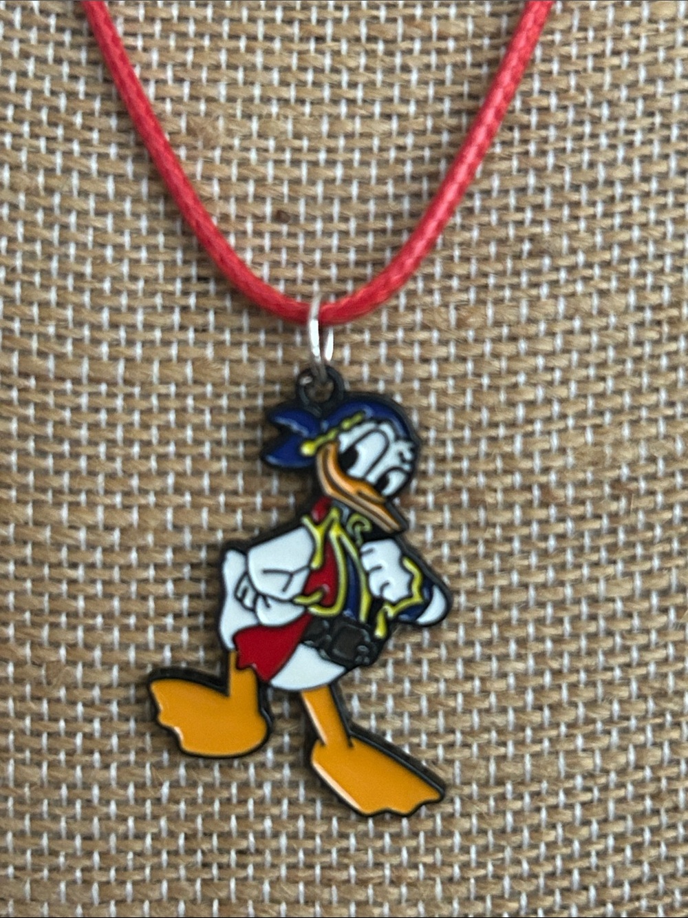 Donald Duck Enamel Charm Necklace - Red Cord